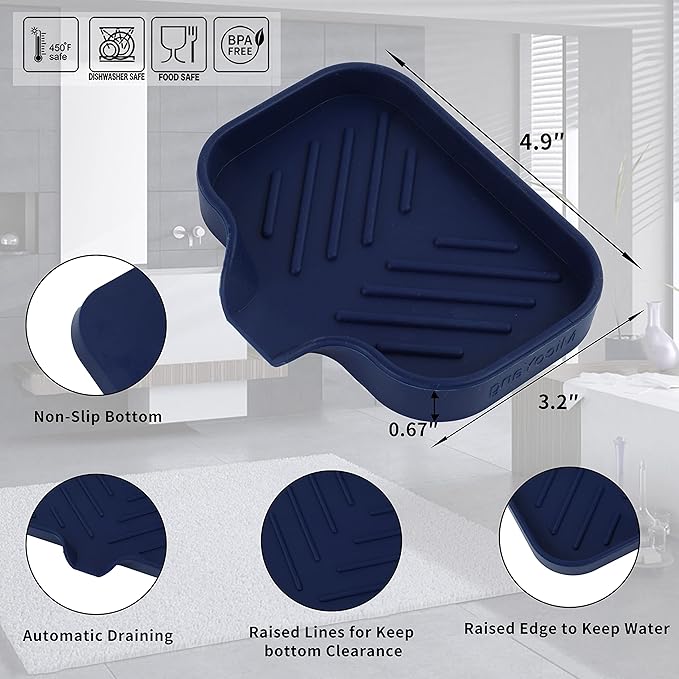 MicoYang Silicone Bathroom Soap Dishes with Drain Spout-Kitchen Sink Organizer,Sponge Holder,Dish Soap Tray,Perfect for Dispenser,Scrubber,Bottle,Cup on Sink or Counter-Navy Blue 4.9"×3.2"