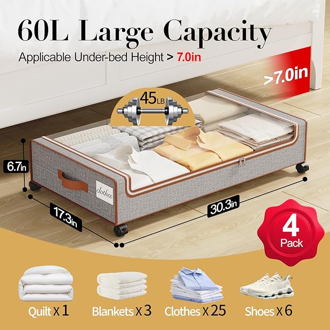Yecaye Under Bed Storage with Wheels, 4 Pack Under the Bed Storage Containers with Lids & Label, XXL 60 L Rolling Underbed Storage Drawers for Clothes, Blankets, Shoes