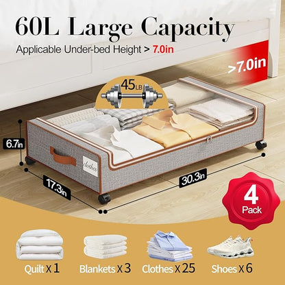 Yecaye Under Bed Storage with Wheels, 4 Pack Under the Bed Storage Containers with Lids & Label, XXL 60 L Rolling Underbed Storage Drawers for Clothes, Blankets, Shoes