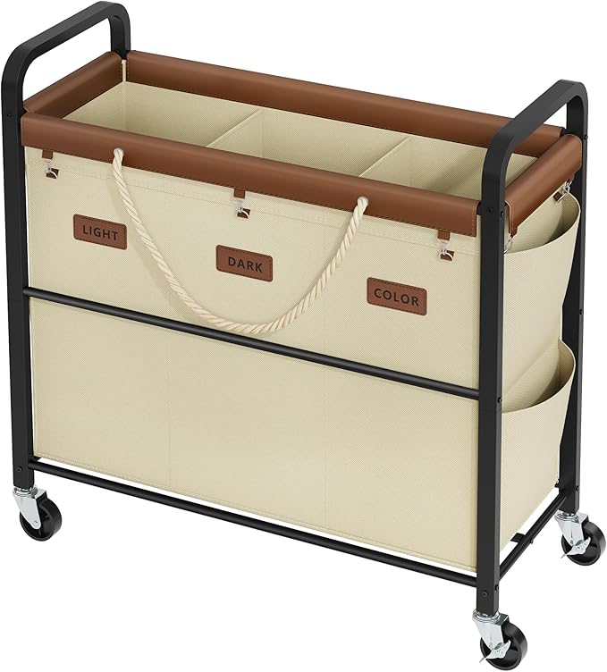 Tajsoon 148L Large Laundry Sorter 3 Section, Laundry Hamper with Heavy Duty Lockable Wheels, Rolling Laundry Cart with Sturdy Metal Frame, Leather Patchwork Laundry Basket with Removable Bag, Beige
