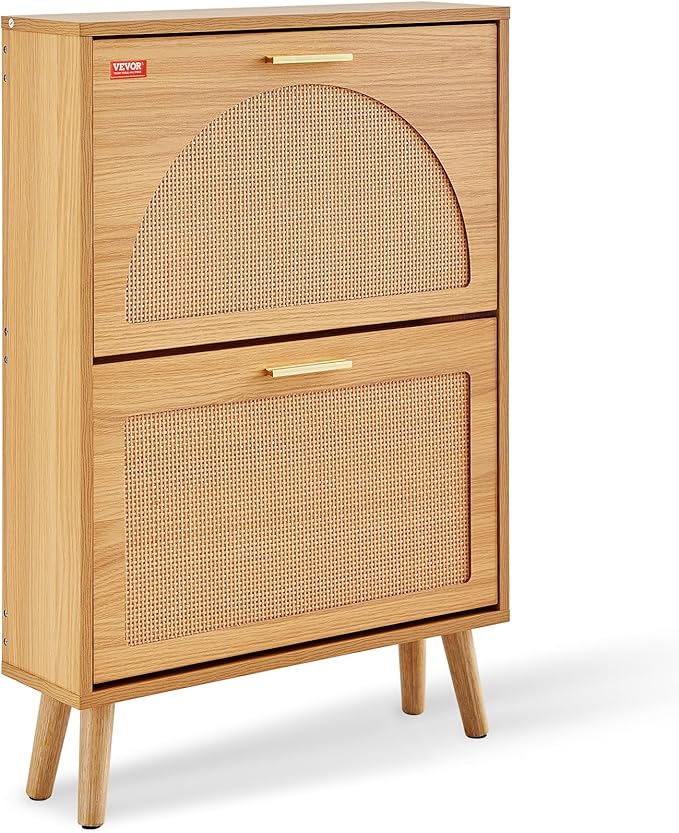 VEVOR Shoe Cabinet with 2 Flip Drawers, Shoe Storage Cabinet for Entryway, Free Standing Shoe Storage Organizer with Rattan Doors for Heels, Boots, Slippers in Hallway, Living Room