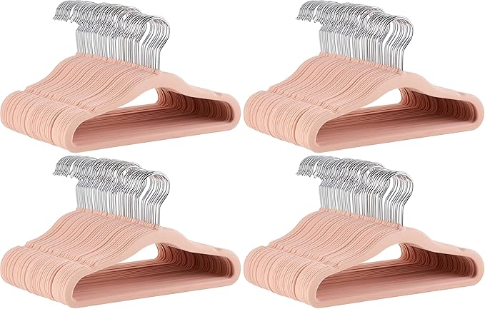 Amazon Basics Kids Space Saving Velvet Non-Slip Clothes Hangers with Shoulder Notches for Infant and Toddler, 11.6", Blush, 50 Count (Pack of 4)