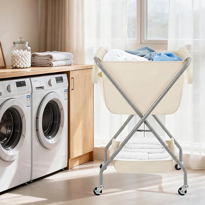 STORAGE MANIAC Collapsible Laundry Cart with Wheels 35.6"H Removable Canvas Bag Rolling Laundry Hamper Clothes Basket with Wheels, Sturdy Steel Frame Folding for Small Narrow Space Easy Storage, Beige
