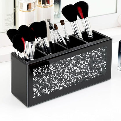SHYFOY Black Makeup Brush Holder, 4-Compartment Makeup Organizer with Crushed Diamond Crystals, Vanity Cosmetics Organizer Solution, Pencil Holder Organizer for Desk