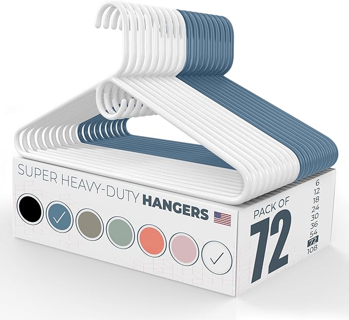 Super Heavy Duty Clothes Hangers 50+ Pack (72 Count) – Made in the USA - 10lb Capacity, Thick Plastic Hangers for Pants, Coats, Jackets, Jeans and Adult Clothing – White & Blue