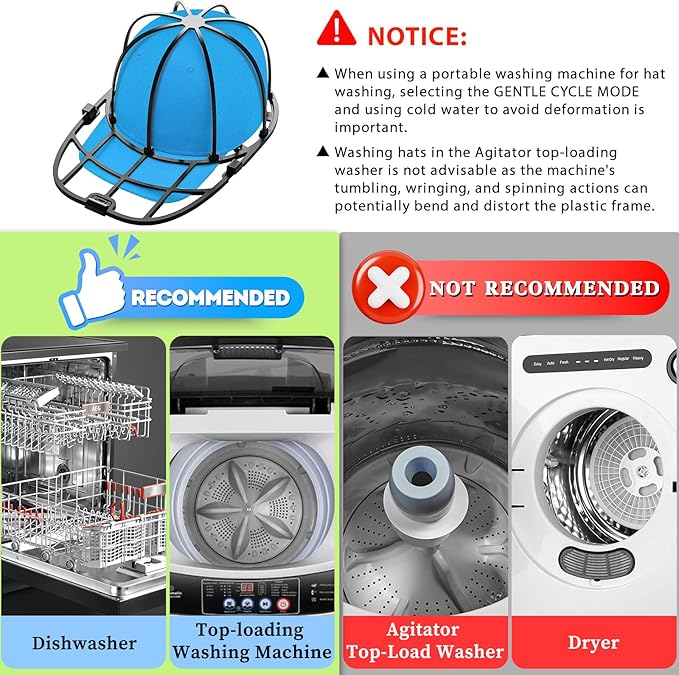 Hat Washer Cage for Baseball Caps Washing Machine Dishwasher Cap Cleaner Frame Washing for Adult Kids Ball Hats (Black-2 Pack)