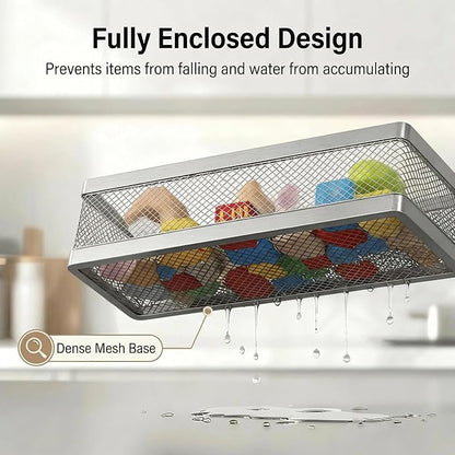 PUSDON 5-in-1 16.5" Extra Long Slim Wall Mount Wrapped Mesh Kitchen Organizer & Shower Caddy Kit, with Paper Towel Holder, Utensil Holder, Soap Dish, Holds 50LBS - Silver Gray, Netting