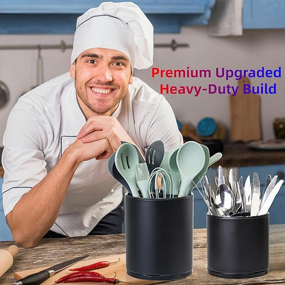 LIBODOUR Kitchen Utensil Holder Extra Large Rotating For Counter Organizer Stainless Steel Storage Cooking Silverware Caddy 3 Compartment Flatware Spoon Spatula Tool Cutlery Container（2 Set Black）