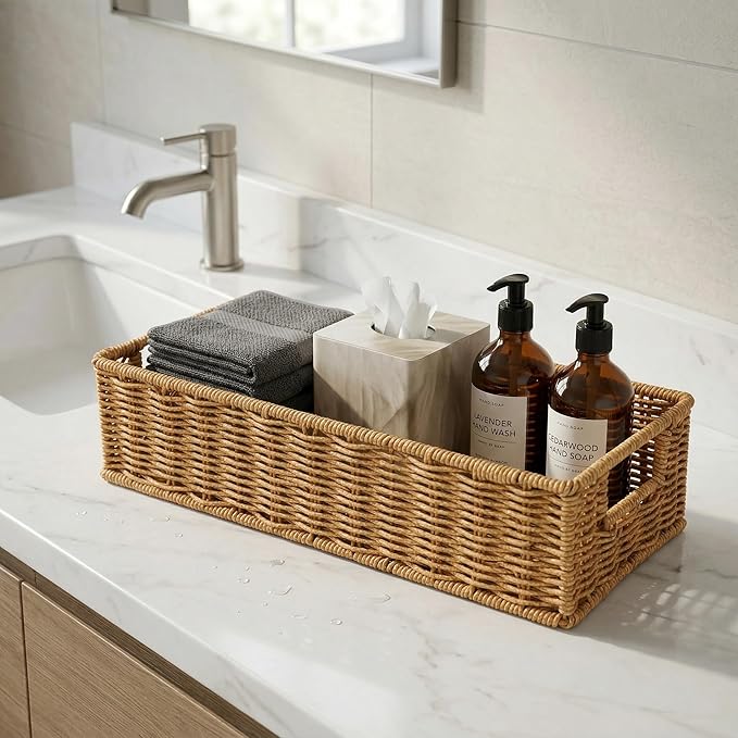 Toilet Paper Basket with Handles, Wicker Toilet Tank Basket, Narrow Bathroom Organizer for Back of Toilet & Tank Top, Ideal for Cottage Core Decor, Natural Tan, 14" L x 6" W x 3" H