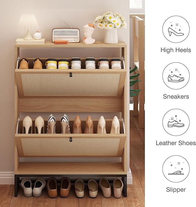 AVZEAR Narrow Shoe Storage Cabinet for Entryway with Natural Linen Panel, Freestanding Slim Shoe Cabinet with 2 Flip Drawers, Wood Shoe Organizer Closed Shoe Rack for Hallway, Living Room(Natural)