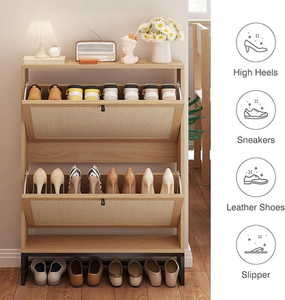 AVZEAR Narrow Shoe Storage Cabinet for Entryway with Natural Linen Panel, Freestanding Slim Shoe Cabinet with 2 Flip Drawers, Wood Shoe Organizer Closed Shoe Rack for Hallway, Living Room(Natural)