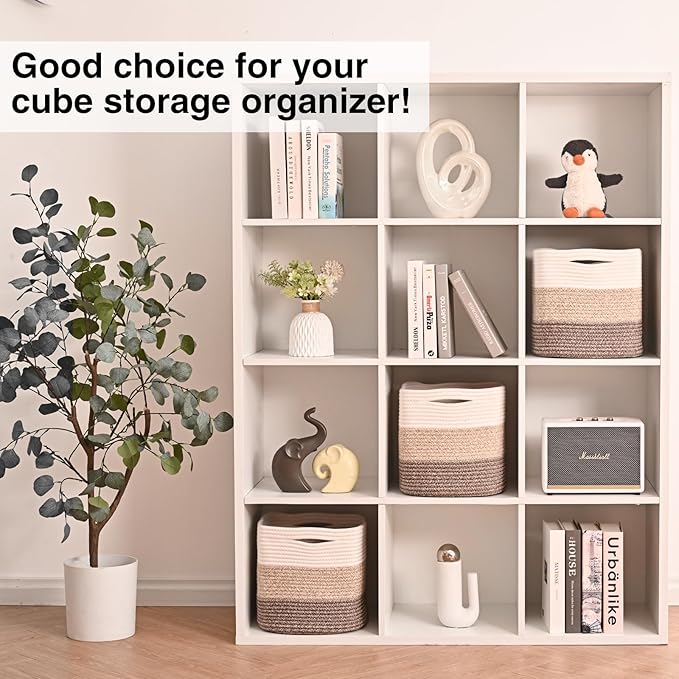 11 Inch Cube Storage Bins, Organizing Bins for Cube Organizer, Storage Baskets for Organizing, Woven Storage Basket for Shelves, Cotton Rope Baskets for Storage, Gradient Brown (Pack of 3)