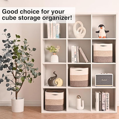11 Inch Cube Storage Bins, Organizing Bins for Cube Organizer, Storage Baskets for Organizing, Woven Storage Basket for Shelves, Cotton Rope Baskets for Storage, Gradient Brown (Pack of 3)