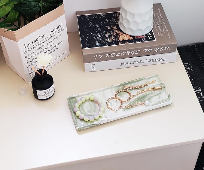 9.2" Porcelain Small Bathroom Tray, Ceramic Countertop and Vanity Tray for Cosmetics, Perfume, Jewelry, Candle - Kitchen Soap Tray for Kitchen Counter (Green)