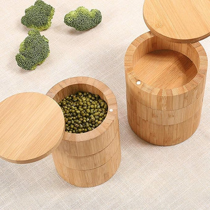 3-Tier Wooden Rotating Spice Storage Box with Swivel Lid, Triple-Layer Condiment Organizer for Kitchen Countertop Home Cooking, Salt Sugar Pepper Seasoning Jar, Easy to Clean Household Tool