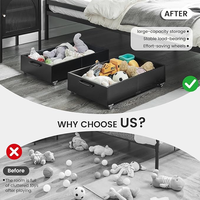 TIOPGHAD Under Bed Storage with Wheels, 2-Pack Under Bed Shoe Storage Organizer Drawer, Composite Wood Organizer for Shoes Clothes Containers in Bedroom for Clothes,Shoes(Black)