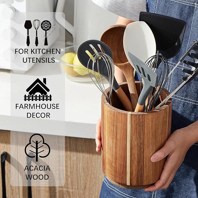 Acacia Wood Utensil Holder, 360° Rotating, Large Countertop Organizer, Farmhouse Kitchen Decor