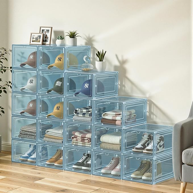 SCAVATA 6 Pack Hat Organizer Box, Stackable Clear Baseball Caps Holder Box Containers with Magnetic Door for Hats Snapback Cap Storag, Hat Rack Display Case, Holds 8 Hats Each (Blue)