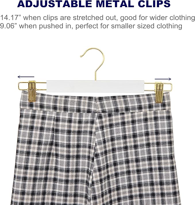 Amber Home 24 Pack 14.17" Solid White Wooden Pant Skirt Hangers with Gold Hook, Bottom Hangers for Slacks Trousers Jeans with 2-Adjustable Gold Clips (White, 24 Pack)
