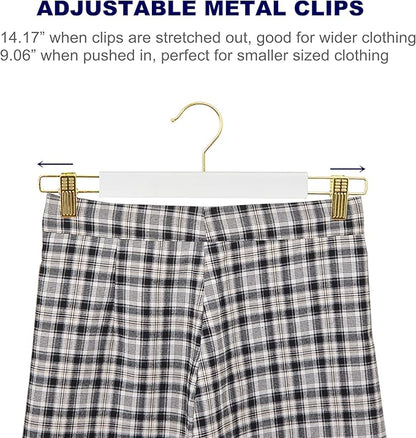 Amber Home 24 Pack 14.17" Solid White Wooden Pant Skirt Hangers with Gold Hook, Bottom Hangers for Slacks Trousers Jeans with 2-Adjustable Gold Clips (White, 24 Pack)