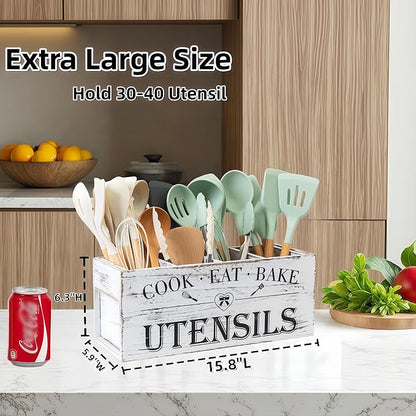 LIBODOUR Utensil Holder,Extra Large Wooden Utensil Holder For Kitchen Counter,Cooking Spatula Organizer,Big Storage Caddy with 4 Compartments Farmhouse Flatware Spoon Tool Cutlery（Retro White）