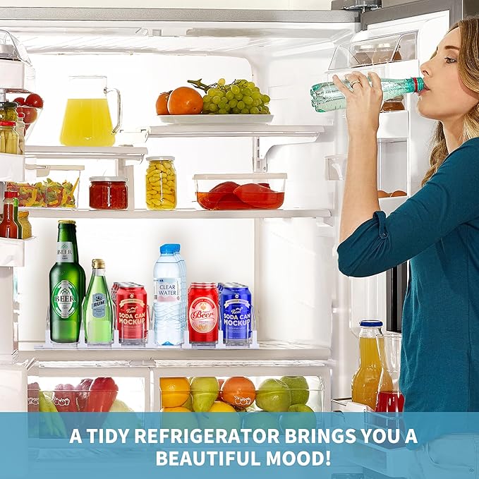 Drink Organizer for Fridge, Upgrade self locking push buttonfor Soda Can Dispenser for Refrigerator, Automatic Pusher Glide and Adjustable Width Can Fridge Organizer Hold up to 12 Cans 3 Rows