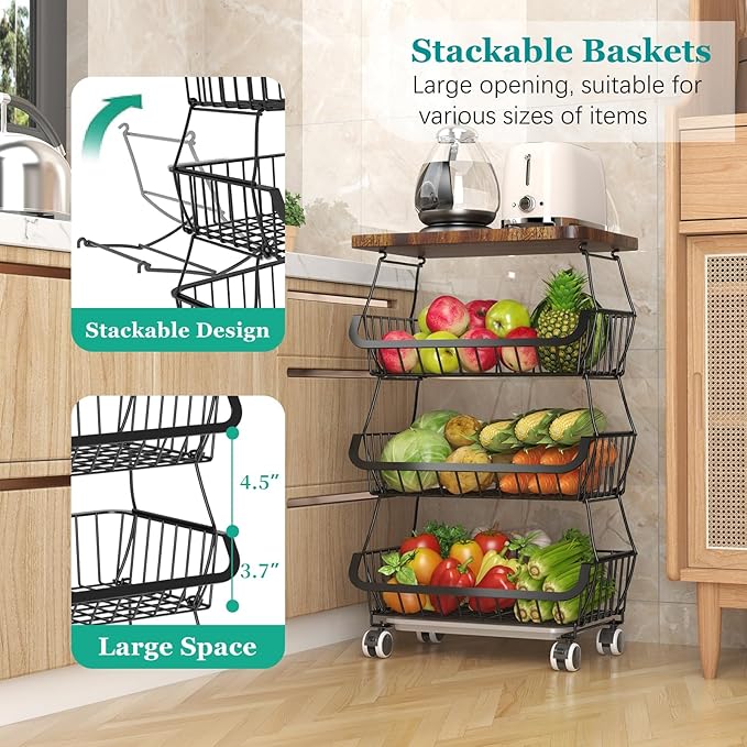 CHLORYARD Fruit Basket with Wooden Lid for Kitchen, 4-Tier Stackable Wire Fruit Vegetable Storage Basket Organizer Stand on Wheel, Produce Basket Potato Onion Storage Bins Rack Cart for Pantry