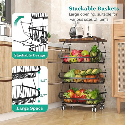 CHLORYARD Fruit Basket with Wooden Lid for Kitchen, 4-Tier Stackable Wire Fruit Vegetable Storage Basket Organizer Stand on Wheel, Produce Basket Potato Onion Storage Bins Rack Cart for Pantry