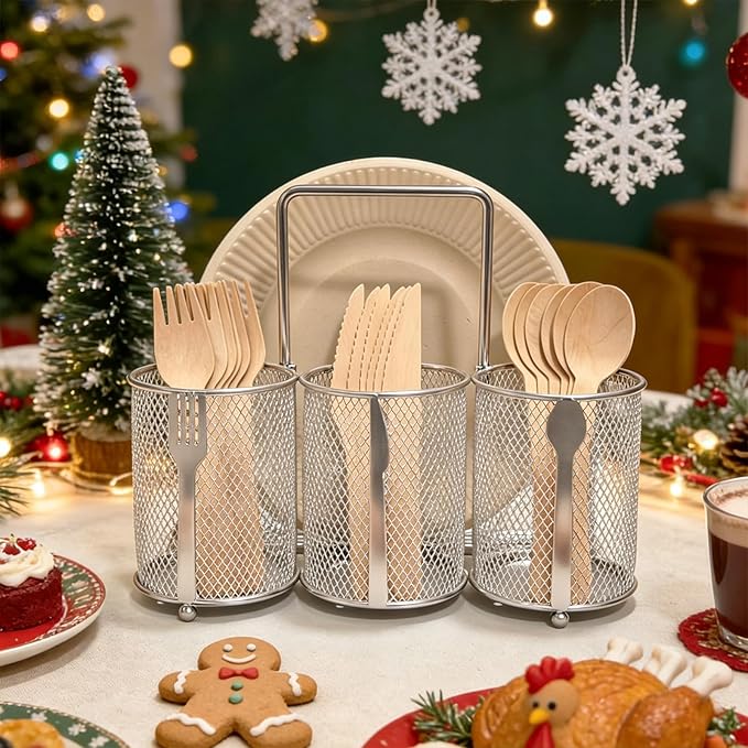 Silverware Organizer Utensil Caddy - 4 Compartment Metal Cutlery Holder Flatware Storage Basket Fork Spoon Napkin Paper Plate Kitchen Countertop Party Picnic Camping Buffet Outdoor (Silver)