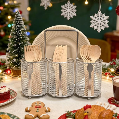 Silverware Organizer Utensil Caddy - 4 Compartment Metal Cutlery Holder Flatware Storage Basket Fork Spoon Napkin Paper Plate Kitchen Countertop Party Picnic Camping Buffet Outdoor (Silver)