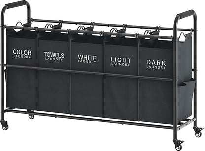 Tajsoon 5 Bag Laundry Sorter Cart, 5 Section Laundry Hamper with Heavy Duty Rolling Lockable Wheels, Laundry Basket Organizer with Removable Bags for Dirty Clothes Storage, Black