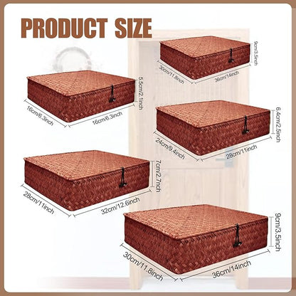 5 Pcs Seagrass Basket with Lid 5 Sizes Decorative Storage Boxes Rattan Wicker Storage Basket with Lids Woven Organizer Baskets Multipurpose Flat Storage Bins for Shelf Closet Bedroom (Dark Brown)
