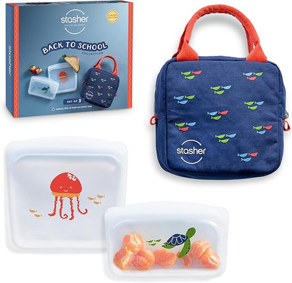 Stasher Silicone Reusable Storage Bags & Insulated Lunch Bag, 3-Pack, Reusable Freezer Bags, Microwave, Dishwasher, Oven Safe, Sous Vide, Lunch Containers, Eco Friendly, Food Storage Bags, Clear | Insulated Lunch Bag