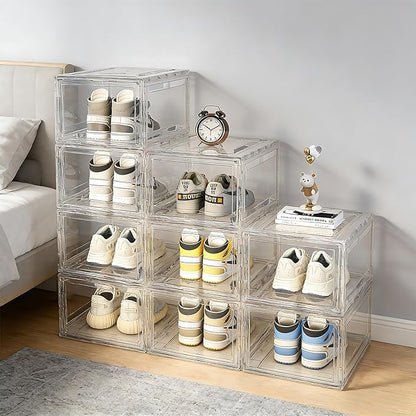 BVBOX Acrylic Shoe Storage Boxes with Magnetic Door - 360° Clear Stackable Shoe Display Box Set, Plastic Shoe Cabinet Rack Box for Sneakers Heels Shoes (1, Clear, L - Front Open)