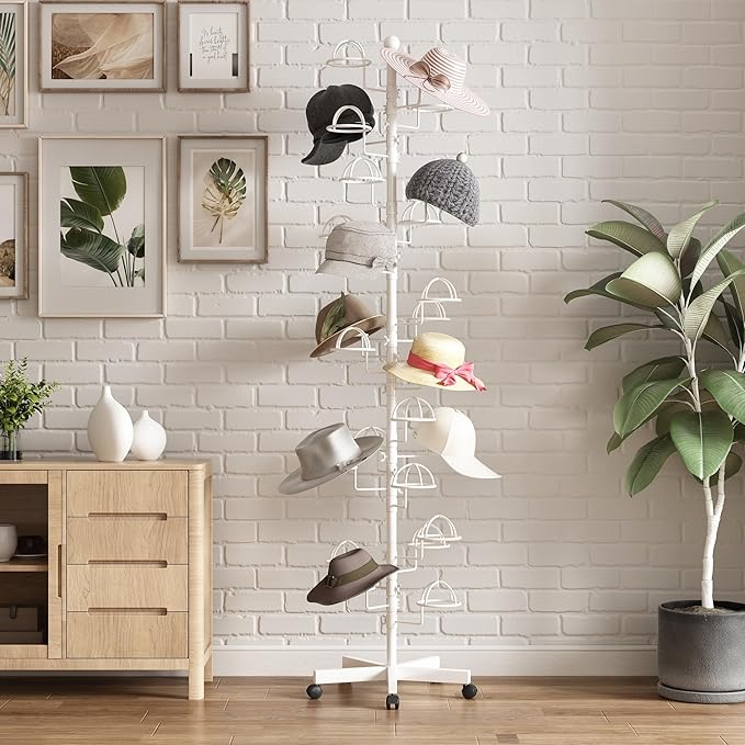 Freestanding Hats Rack Stand with 25 Customizable Circular Hooks Metal Hat Rack Hats Tree Organizer Rack Display Standing Floor Hat Stand for Home Store Commercial, White