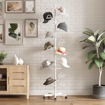 Freestanding Hats Rack Stand with 25 Customizable Circular Hooks Metal Hat Rack Hats Tree Organizer Rack Display Standing Floor Hat Stand for Home Store Commercial, White