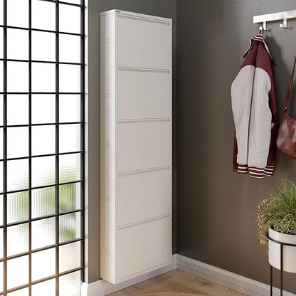 CEHA 5 Tier Metal Shoe Cabinet with Cover, Durable Shoe Storage Organizer for Entryway, Space Saving Shoe Shelf Closet with Side Ventilation Holes, 5.91" x 66.5" x 19.68", White