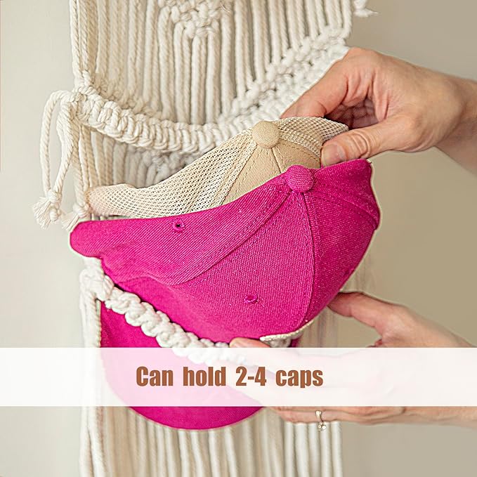 jontell Cap Holder-3 Pack-Hat Organizer for 30 Baseball Caps, Macrame Hat Rack for Wall, Cap Rack for Decoration and Display, Boho Handmade Cap Hanger Over Door Organizer