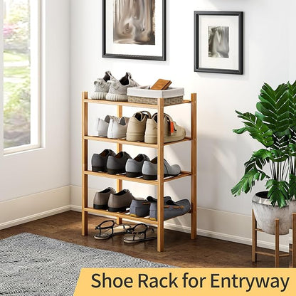Small Shoe Rack, 4-Tier Bamboo Stackable Shoe Shelf Storage Organizer, Shoe Stand for Closet, Entryway and Hallway