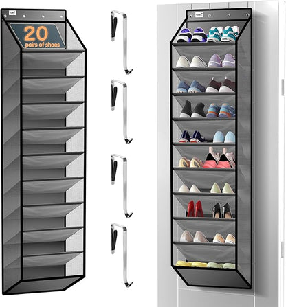 Kotkn 10 Tier Over The Door Organizer - Heavy Duty Hanging Storage Rack with Sturdy Oxford Fabric, Holds 20+ Pairs of Footwear, Boots & Sneakers, Saves 50% Closet Space (Gray)