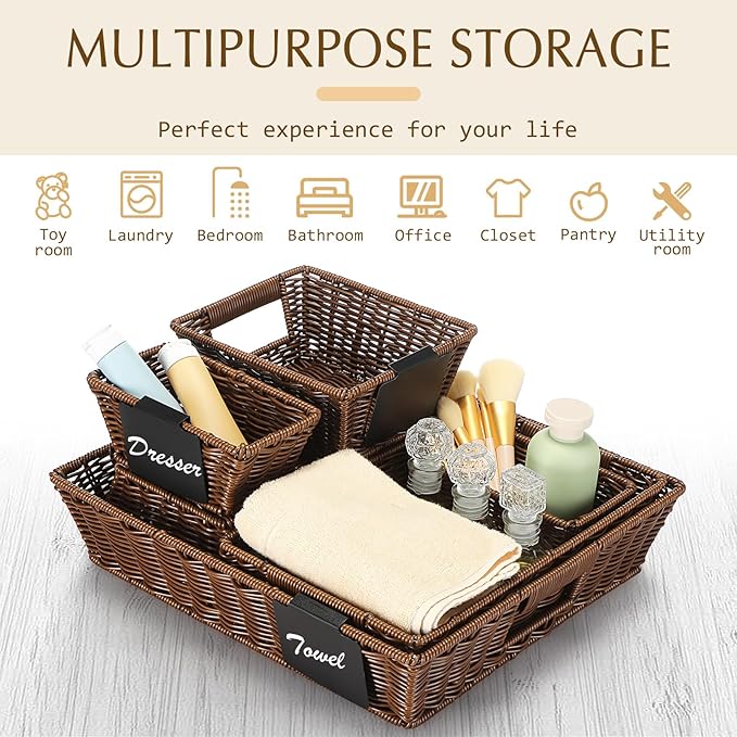 Marsui 9 Pcs Wicker Storage Baskets for Pantry Organization with Handle Labels Handwoven Multi-size Dark Brown Small Organizer Baskets Storage Bin Container for Shelves Closet Toilet Christmas Holiday