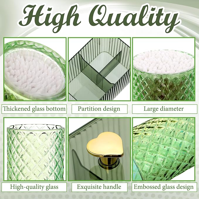 FoldTier 3 Pcs Cotton Ball Holder Dispenser Bathroom Set Cotton Ball Holder Swabs/ball Storage Box 3 Grids Partition Cosmetics Storage Dispenser for Vanity Tray Candy Container Jar For Home(Green)