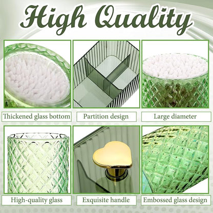 FoldTier 3 Pcs Cotton Ball Holder Dispenser Bathroom Set Cotton Ball Holder Swabs/ball Storage Box 3 Grids Partition Cosmetics Storage Dispenser for Vanity Tray Candy Container Jar For Home(Green)