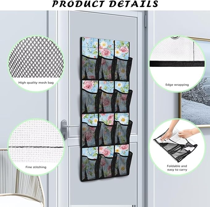 Rose Daisy Over the Door Shoe Organizer 12 Large Mesh Pockets Foldable Shoe Rack for Door Hanging Shoe Organizer Shoe Holder