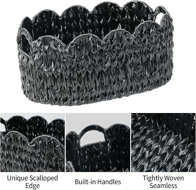 Coeusy Wicker Scalloped Basket Set of 2,Woven Storage Baskets for Shelves,Closet,Laundry,Gift,Towels,Books,Toys,Waterproof Decor Basket for Organizing,Black Oval