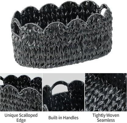 Coeusy Wicker Scalloped Basket Set of 2,Woven Storage Baskets for Shelves,Closet,Laundry,Gift,Towels,Books,Toys,Waterproof Decor Basket for Organizing,Black Oval