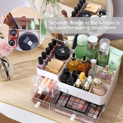 White Makeup Organizer With Drawers,Large Skincare Organizers for Countertop,Desk,Dresser,Plastic Bathroom Counter Organizer for Brush,Palettes,Perfume,Beauty Products Organization,Skin Care Storage