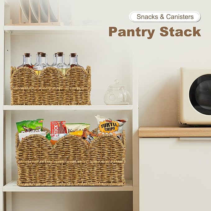 Scalloped Basket Set of 2，Resin Wicker Basket for Organizing and Decor Hand-Woven Wicker Storage Baskets with Built-In Handles for Gifts,Snack,Shelves，Tan