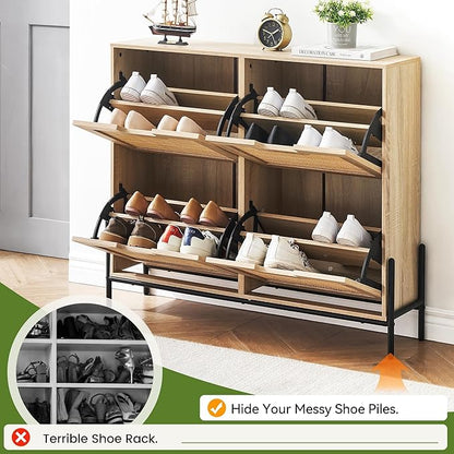 IDEALHOUSE Rattan Shoe Storage Cabinet with 4 Flip Drawers, Freestanding Shoe Organizer with Adjustable Shelves for Entryway, Narrow Shoe Rack Cabinet, Farmhouse Slim Shoe Cabinet, Oak