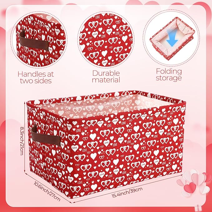 Boao 4 Pack Valentines Day Storage Baskets for Gifts Empty Collapsible Valentines Laundry Storage Bins with Handles Decorative Shelf Baskets Boxes for Home Bedroom Office Clothes Toys Containers